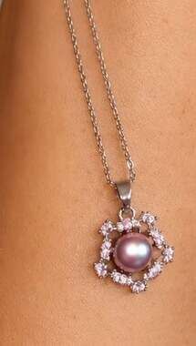 Purple Freshwater Pearl Pendant Necklace with Floral Cubic Zirconia Halo in Ster